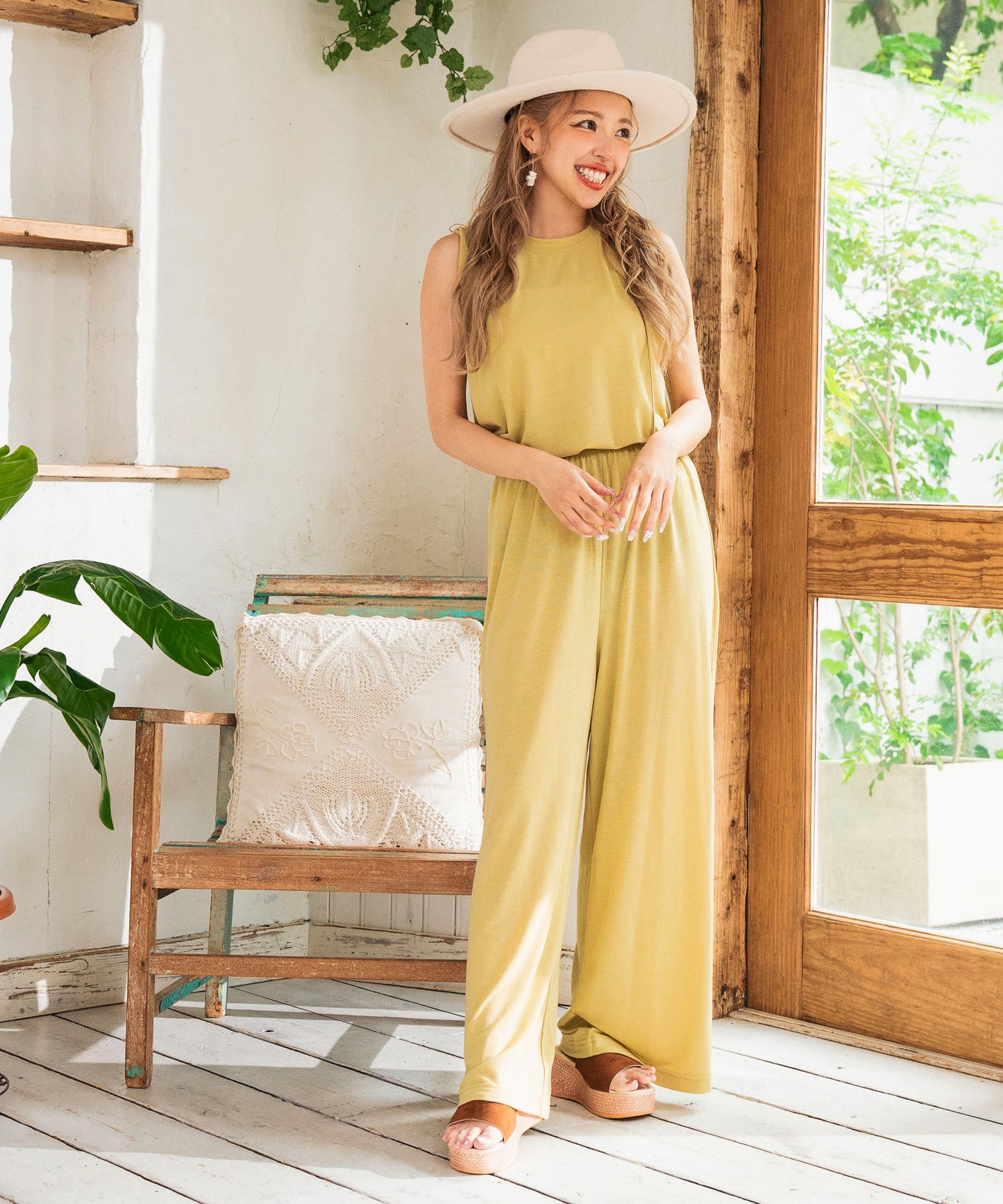 【セット】ノースリーブ トップス & ギャザー リラックス ワイド パンツ カットソー セットアップ 858-5972