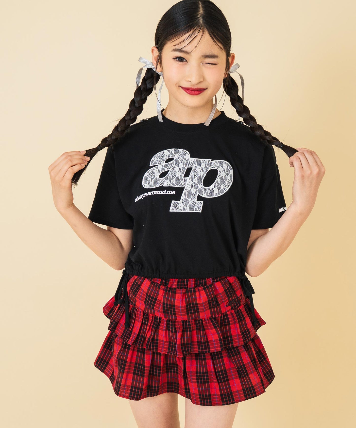 レース ワッペン付き サイド リボン Tシャツ トップス【キッズお揃い】 913-7671