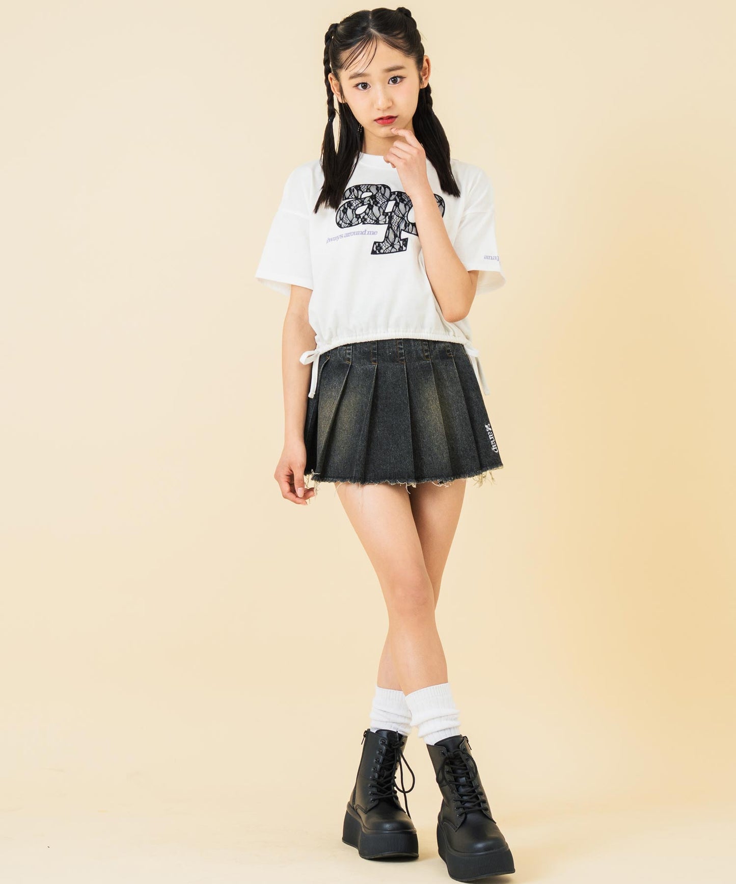 レース ワッペン付き サイド リボン Tシャツ トップス【キッズお揃い】 913-7671