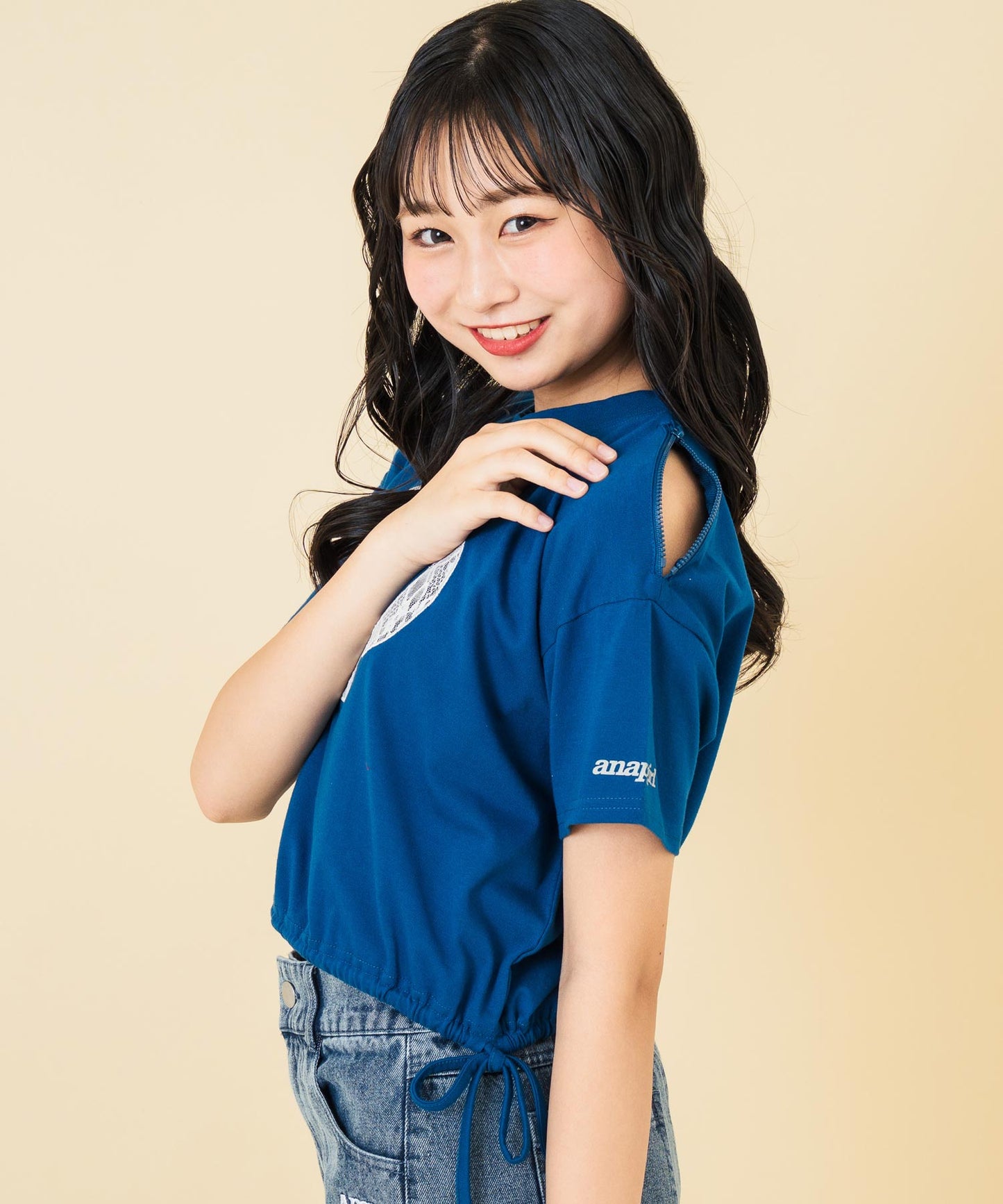 レース ワッペン付き サイド リボン Tシャツ トップス【キッズお揃い】 913-7671