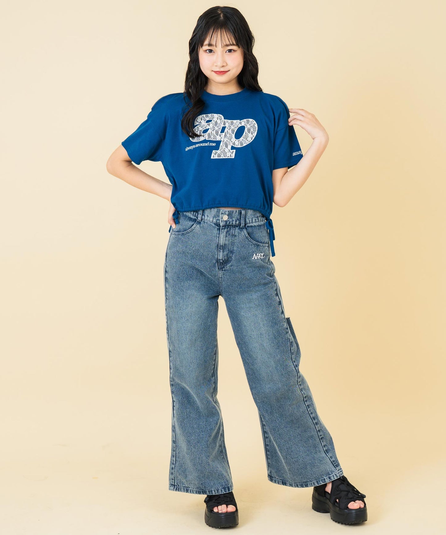 レース ワッペン付き サイド リボン Tシャツ トップス【キッズお揃い】 913-7671