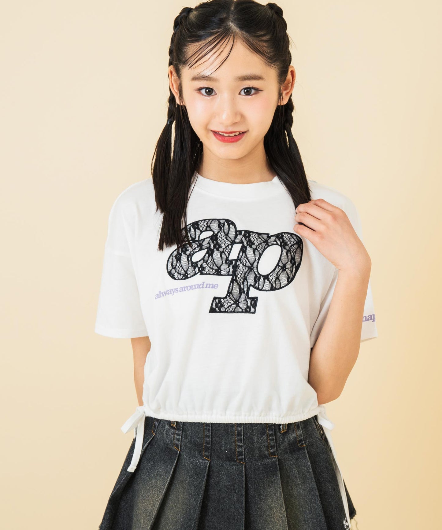 レース ワッペン付き サイド リボン Tシャツ トップス【キッズお揃い】 913-7671