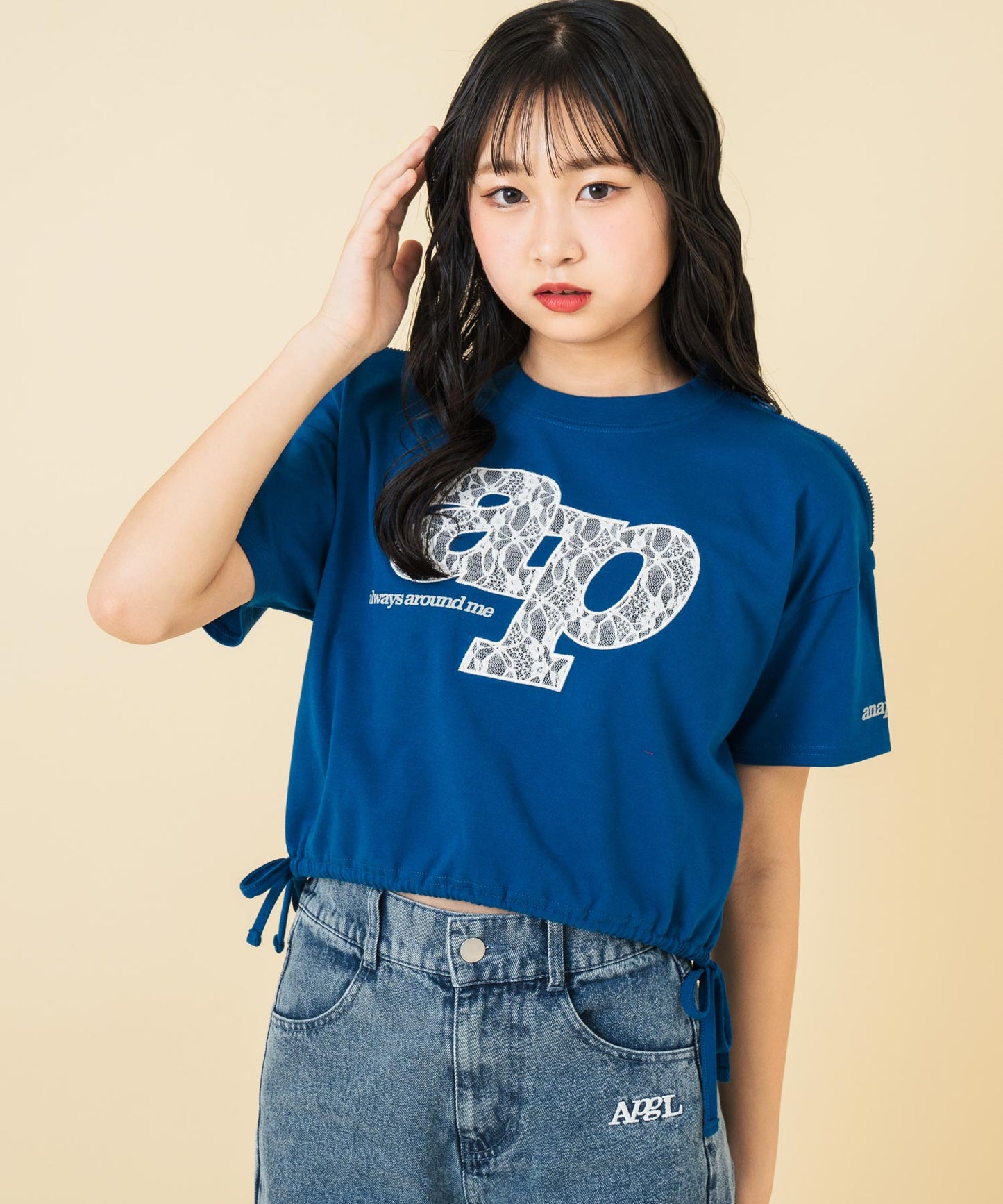 レース ワッペン付き サイド リボン Tシャツ トップス【キッズお揃い】 913-7671