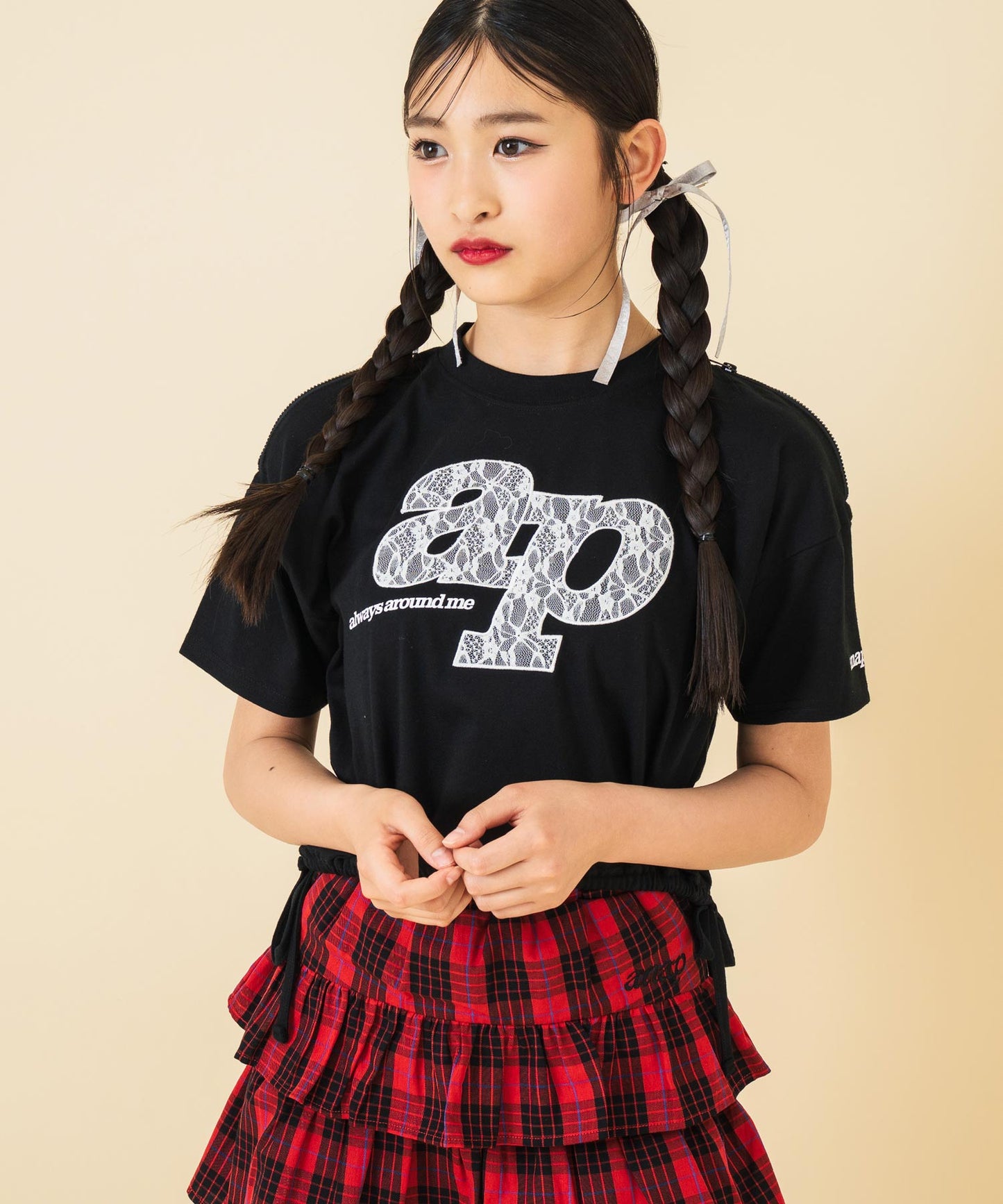 レース ワッペン付き サイド リボン Tシャツ トップス【キッズお揃い】 913-7671
