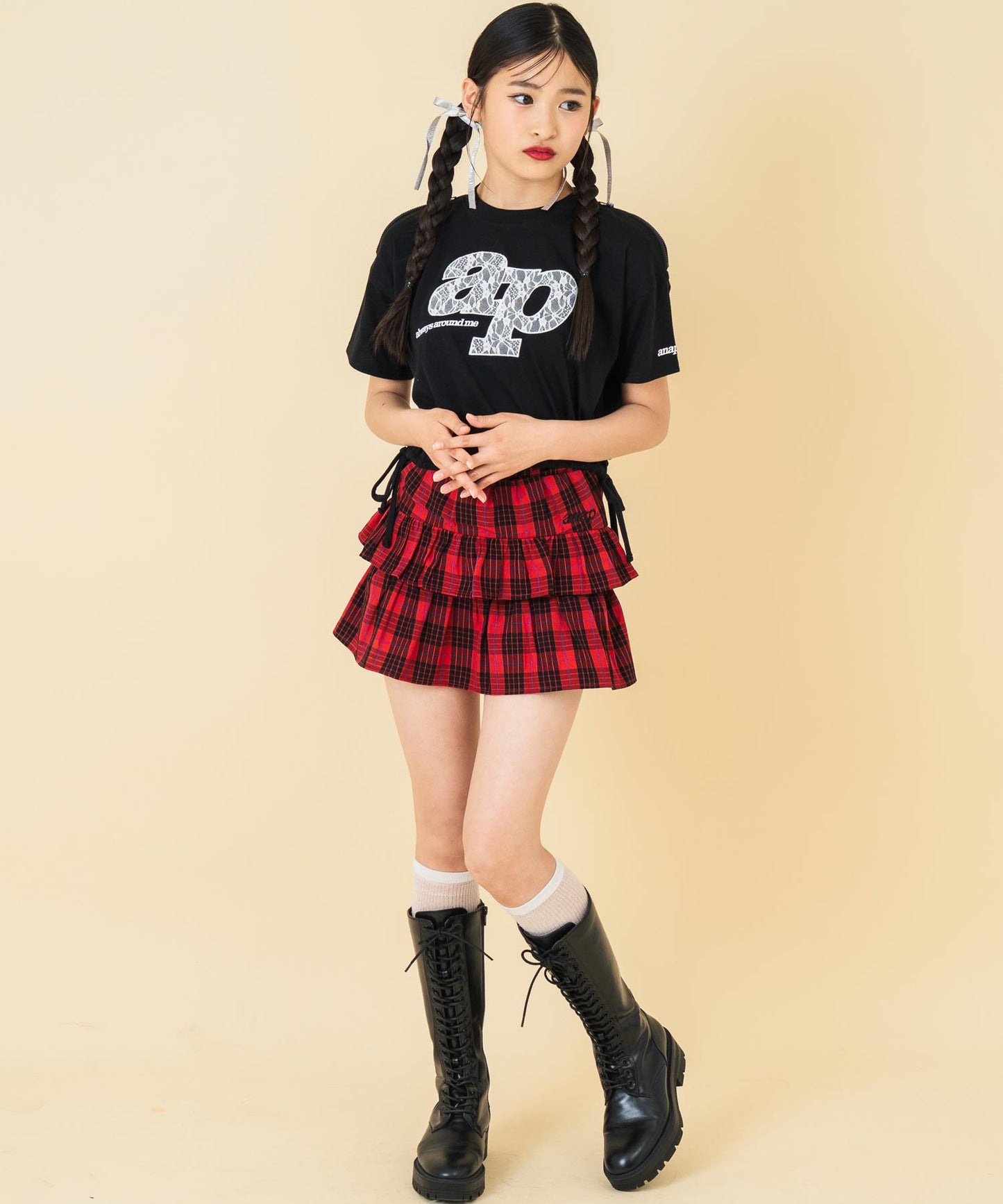 レース ワッペン付き サイド リボン Tシャツ トップス【キッズお揃い】 913-7671