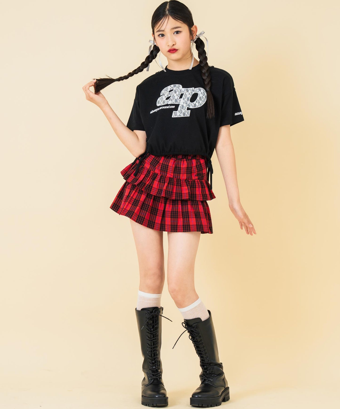 レース ワッペン付き サイド リボン Tシャツ トップス【キッズお揃い】 913-7671