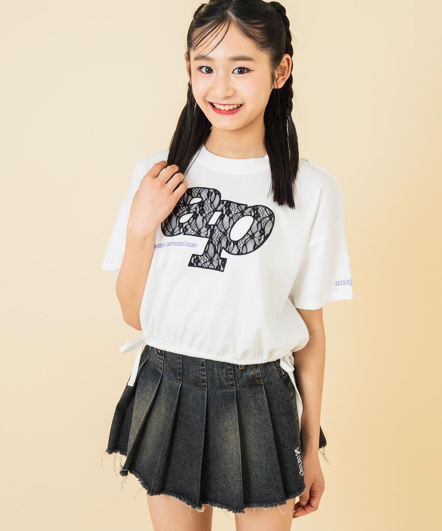 レース ワッペン付き サイド リボン Tシャツ トップス【キッズお揃い】 913-7671