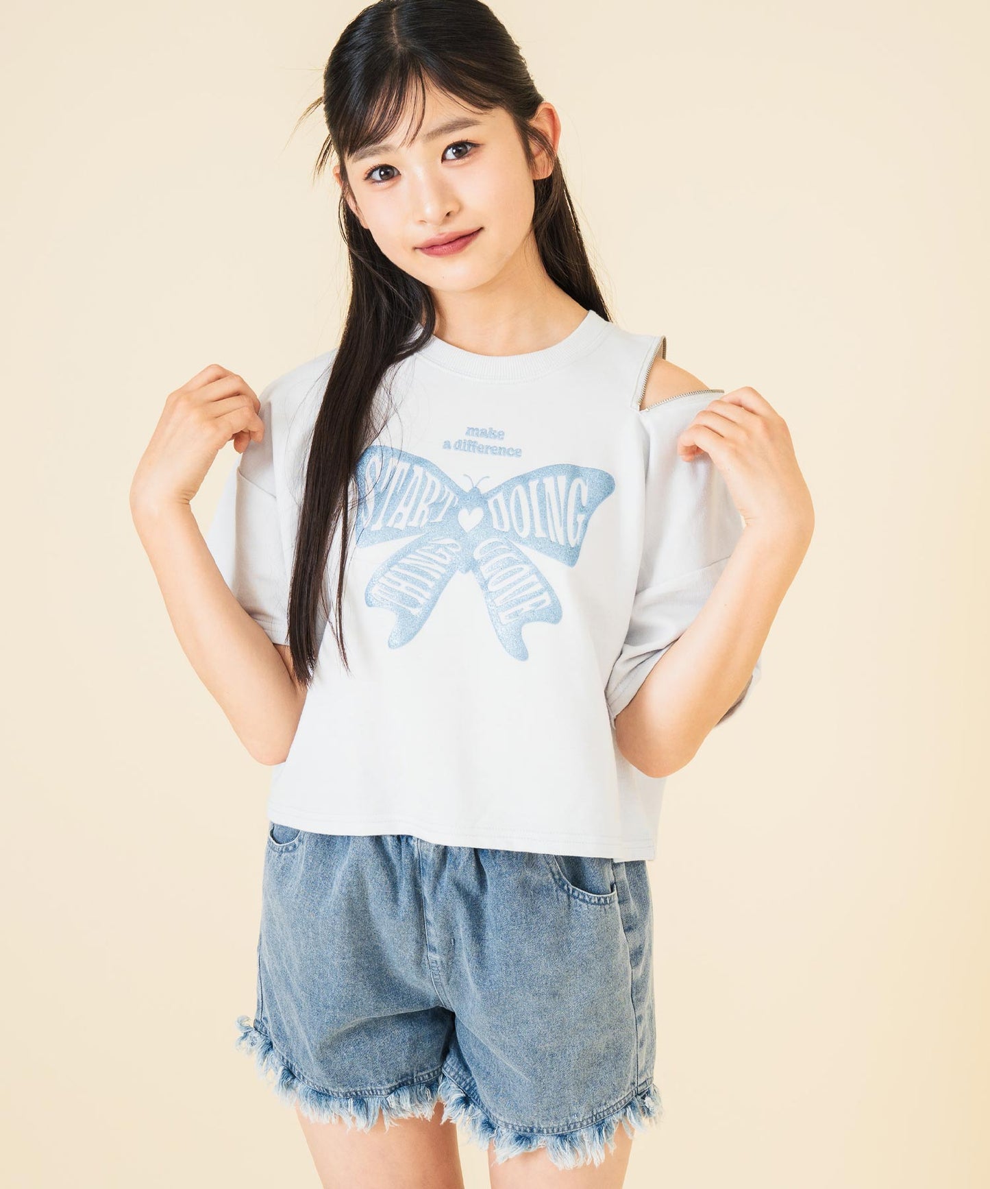 ラメバタフライ ミニ裏毛 肩ジップ トップス 913-7702