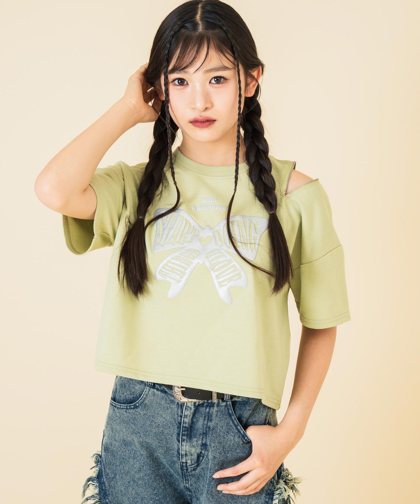 ラメバタフライ ミニ裏毛 肩ジップ トップス 913-7702