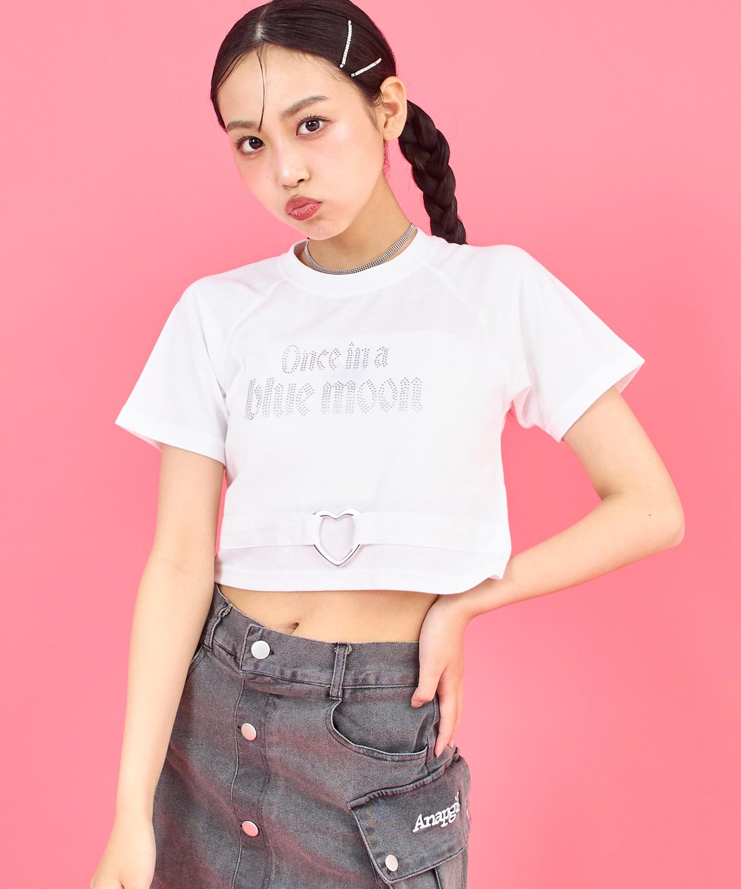 ANAPR+S ハート バックル付 ラインストーン ミニ トップス Tシャツ 913-7723