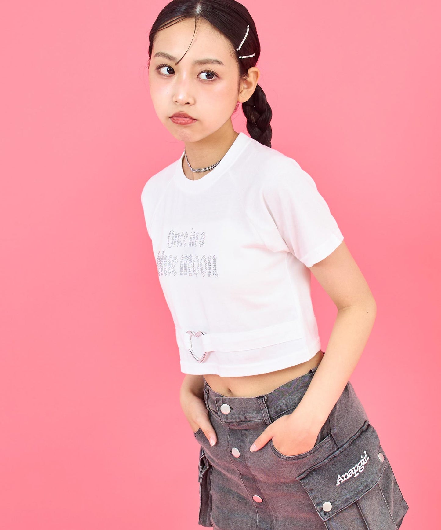ANAPR+S ハート バックル付 ラインストーン ミニ トップス Tシャツ 913-7723