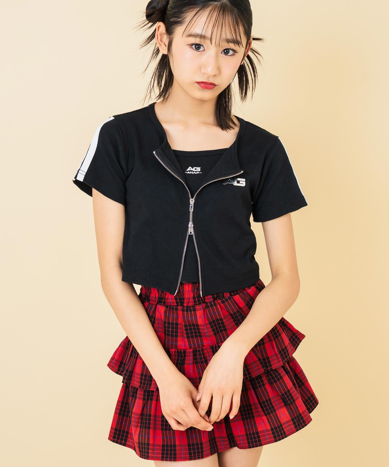 ライン入 ダブルジップ カーデ × キャミソール SET【キッズお揃い