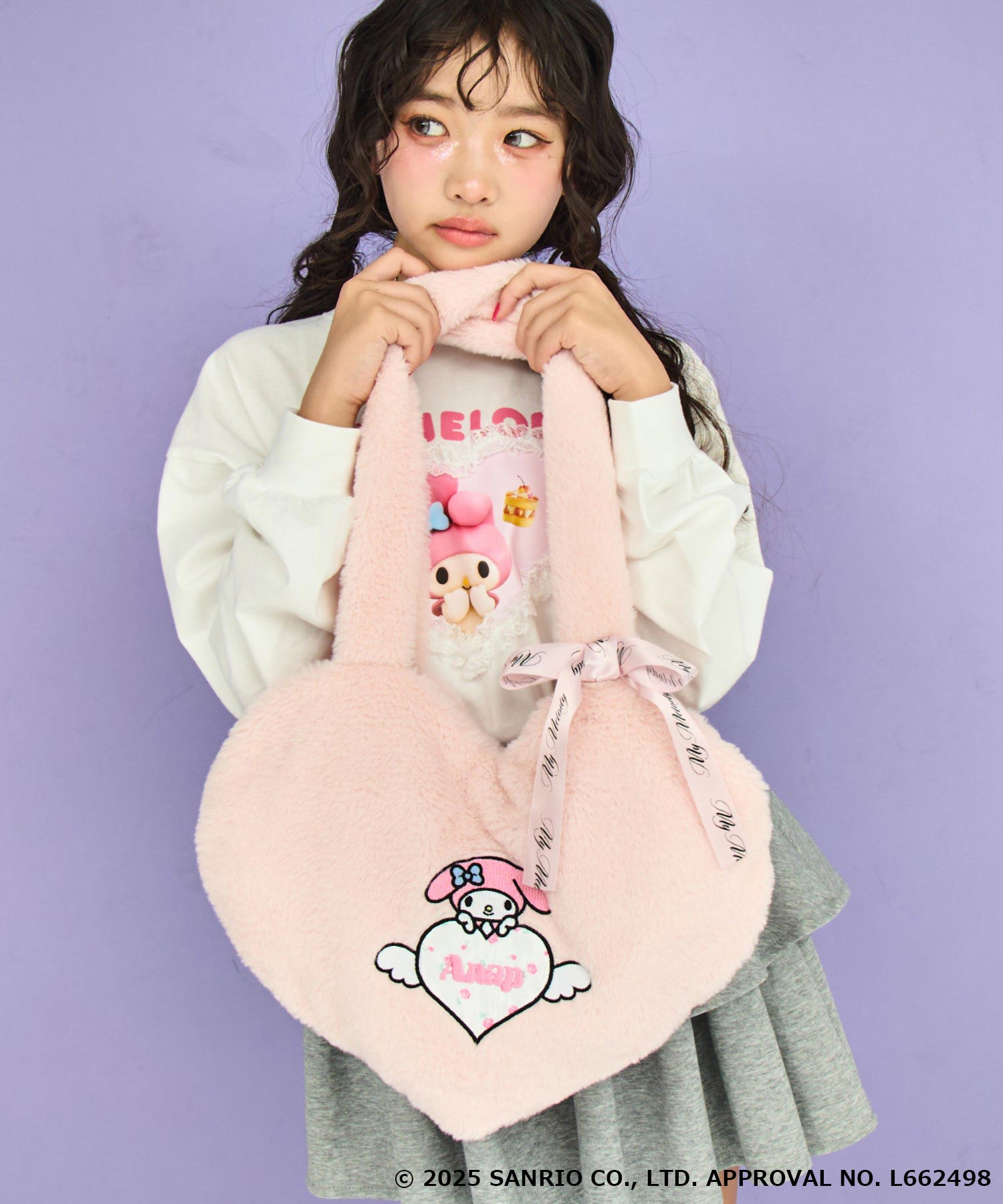 ANAP GiRL ×【マイメロディ♥クロミ】リボン付 ハート ファーバッグ