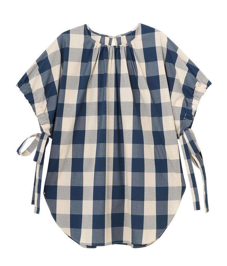 ブロック チェック ギャザー リボン スリーブ ブラウス【セットアップ着用可】 363-9033