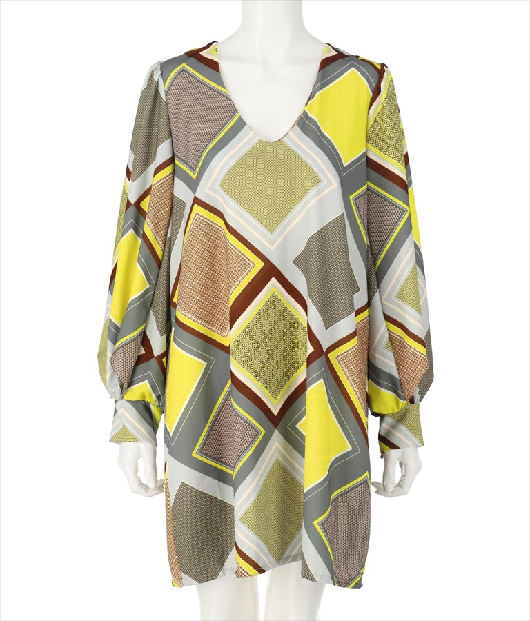 サテン ジオメ トリック柄 Vネック バルーン スリーブ チュニック ワンピース 397-2817