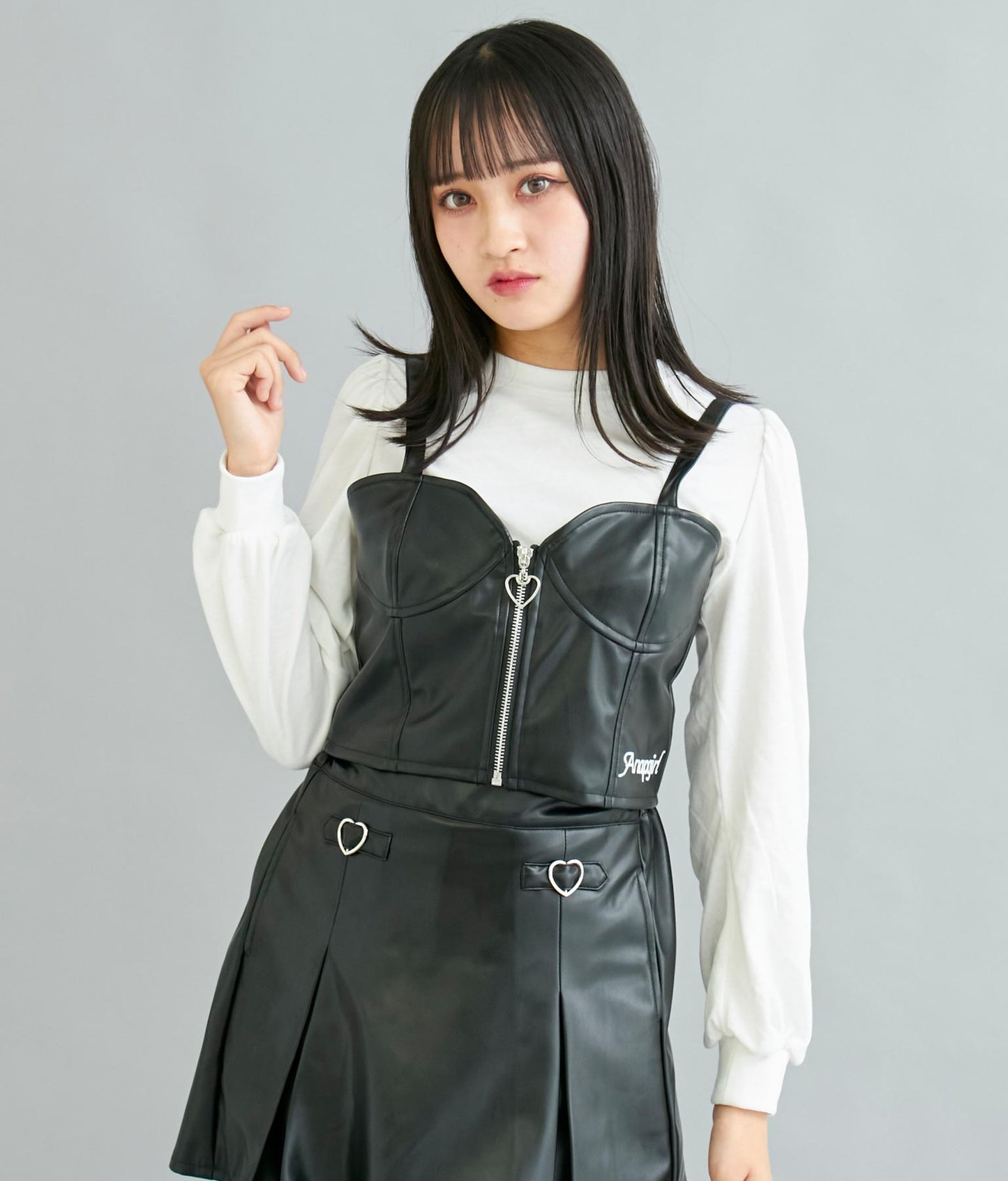 フェイクレザービスチェ×パフスリトップスセット【セットアップ可能】Tシャツ 918-7064