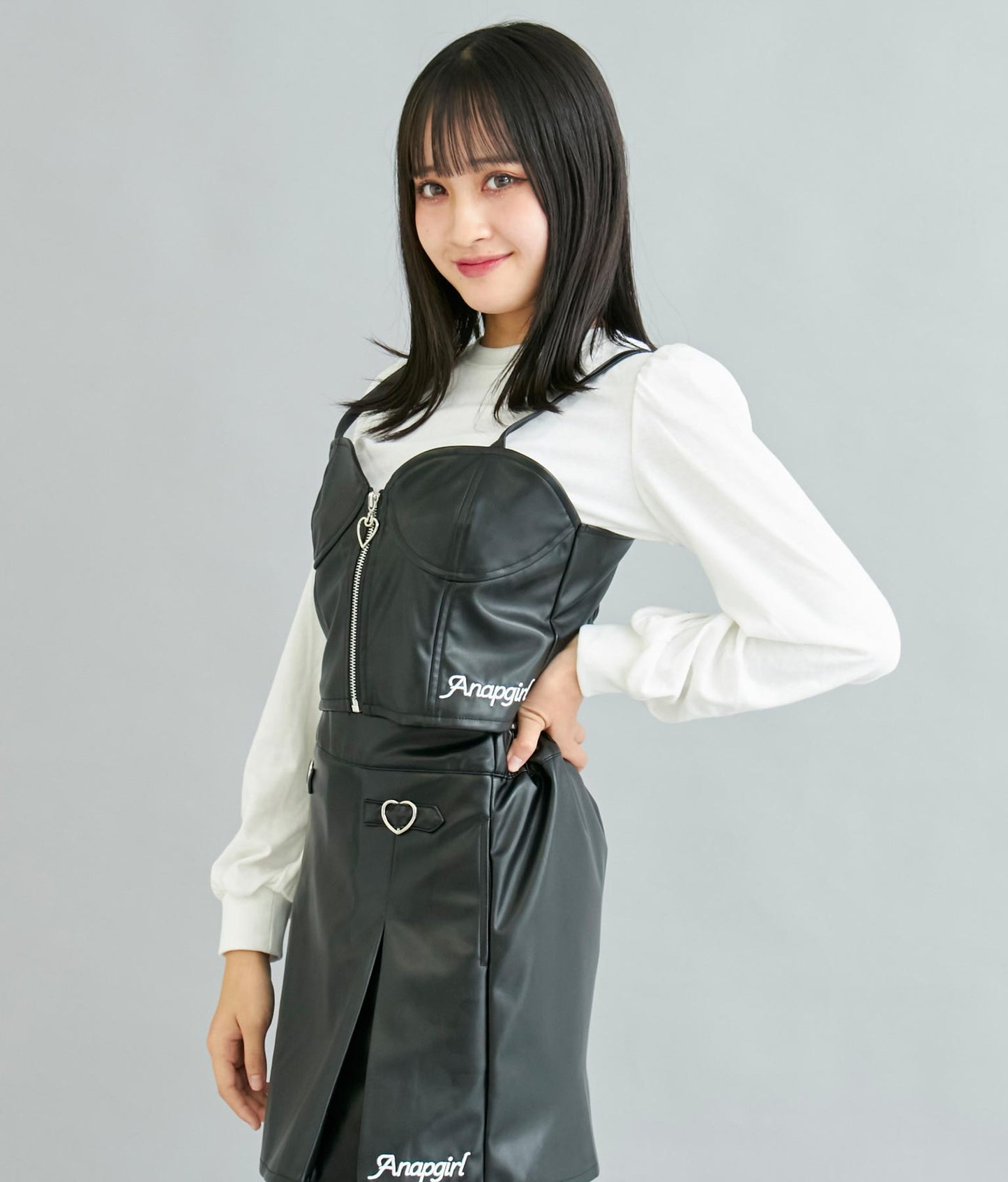 フェイクレザービスチェ×パフスリトップスセット【セットアップ可能】Tシャツ 918-7064