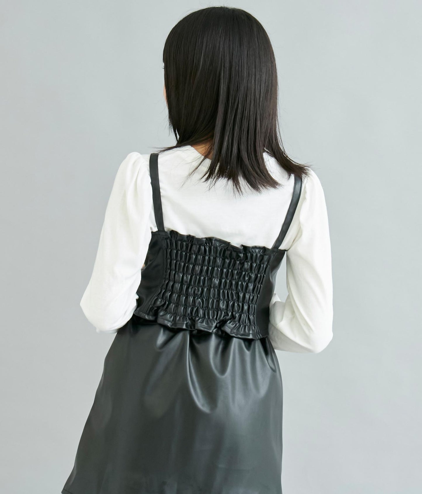 フェイクレザービスチェ×パフスリトップスセット【セットアップ可能】Tシャツ 918-7064