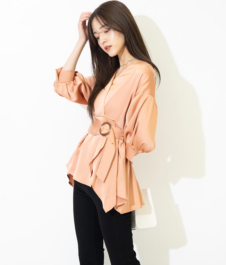 バックル付カシュクールデザインサテンブラウス 793-8966