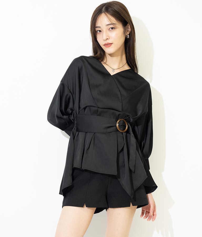 バックル付カシュクールデザインサテンブラウス 793-8966