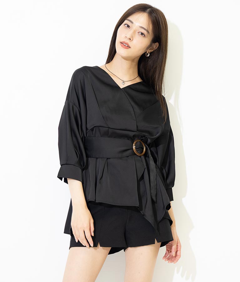 バックル付カシュクールデザインサテンブラウス 793-8966