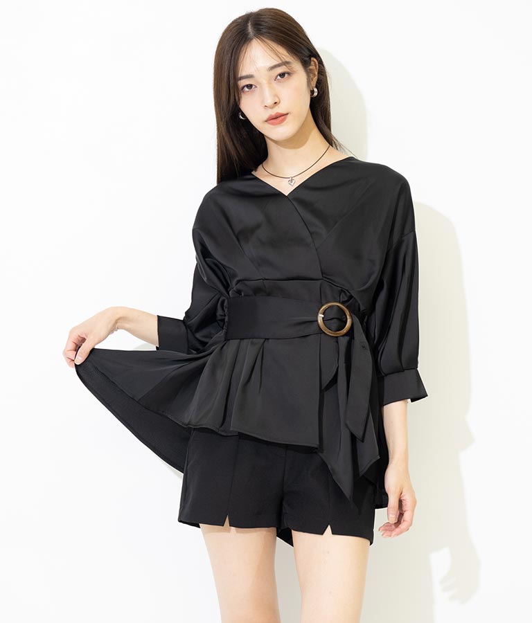 バックル付カシュクールデザインサテンブラウス 793-8966