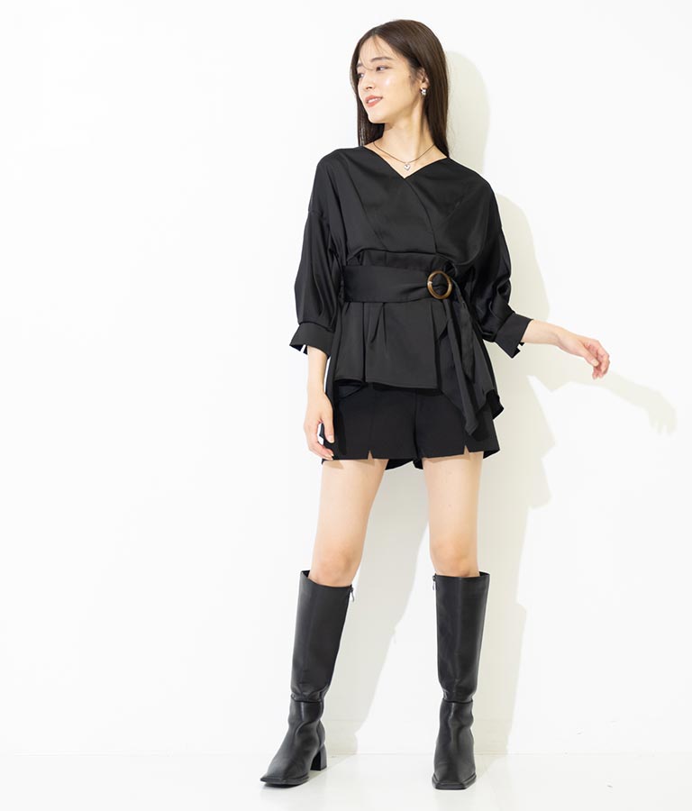 バックル付カシュクールデザインサテンブラウス 793-8966