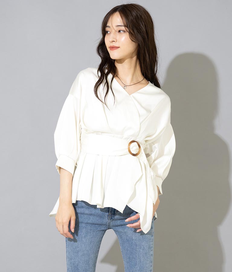 バックル付カシュクールデザインサテンブラウス 793-8966