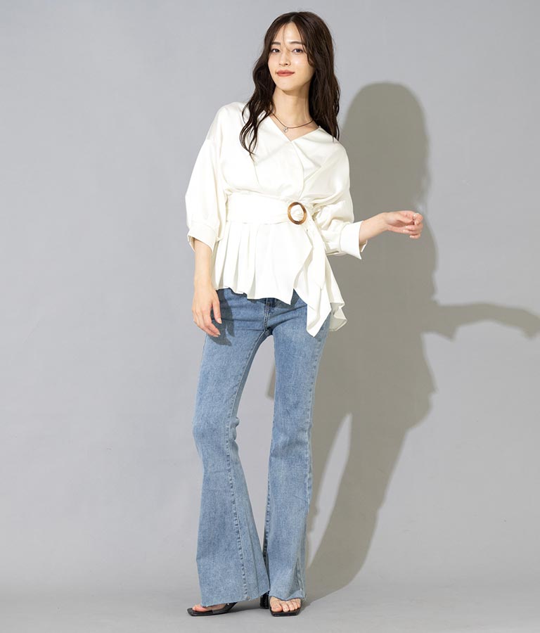 バックル付カシュクールデザインサテンブラウス 793-8966
