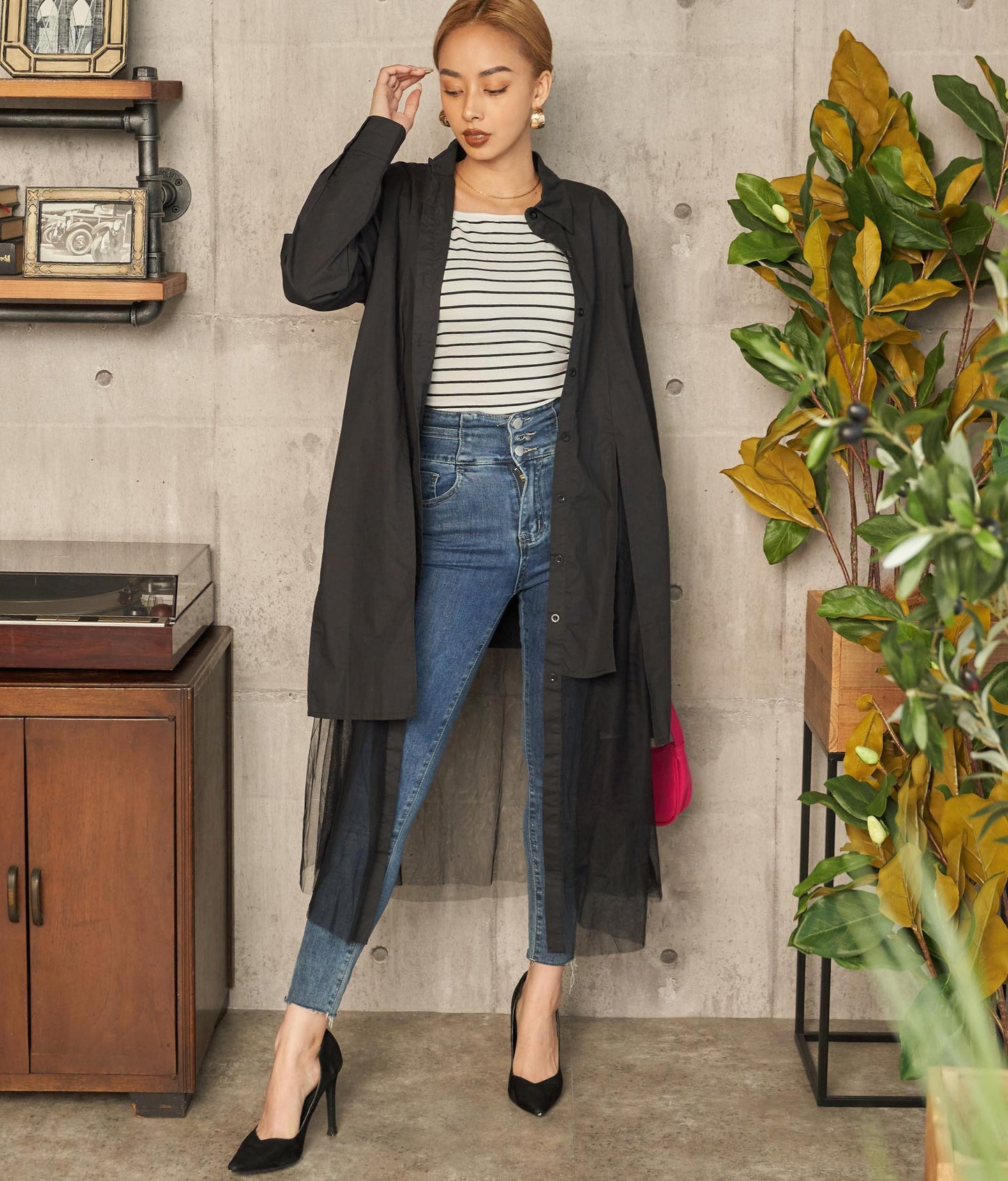 レイヤード風 チュール ヘム ロングシャツ 404-8298