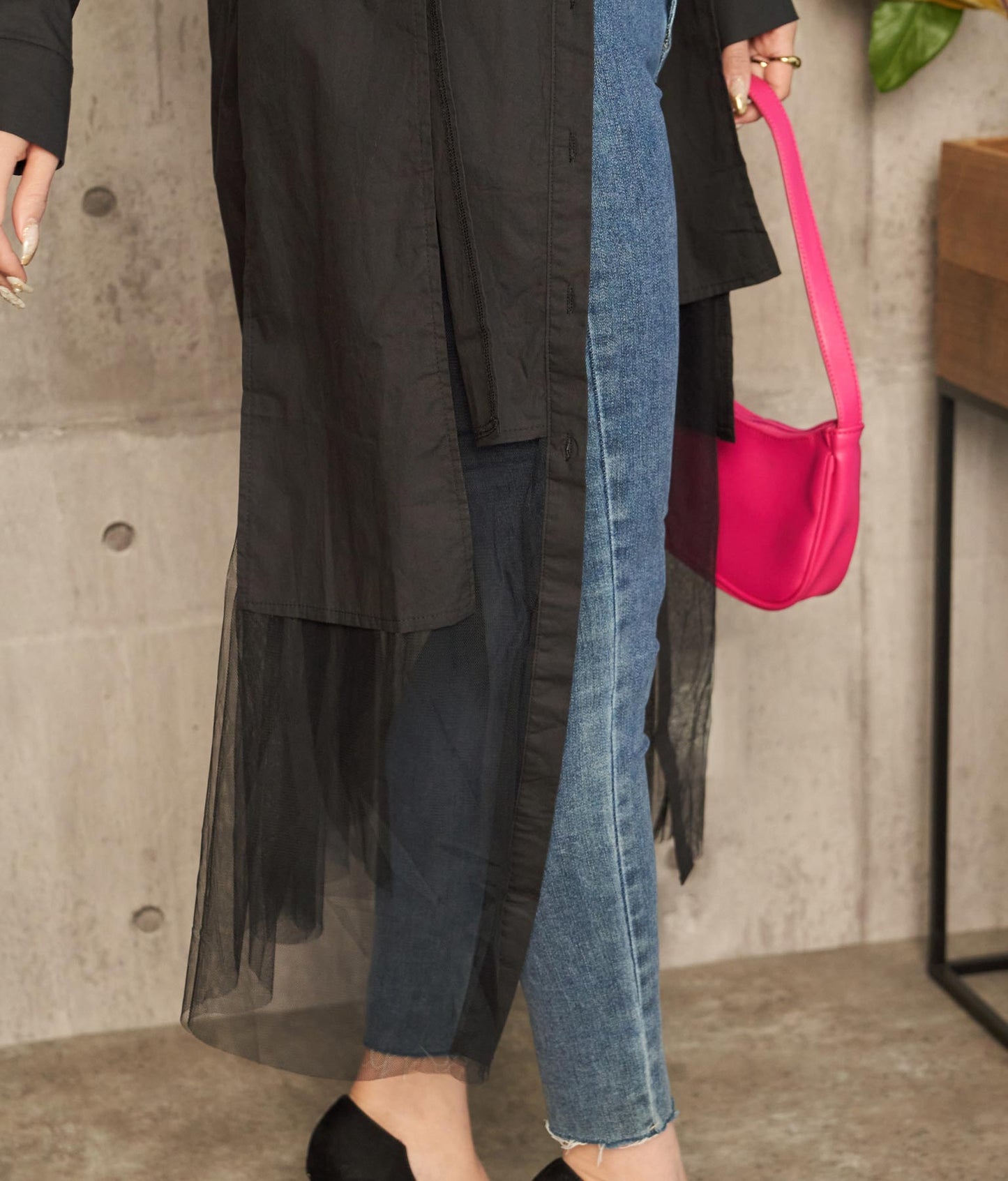 レイヤード風 チュール ヘム ロングシャツ 404-8298