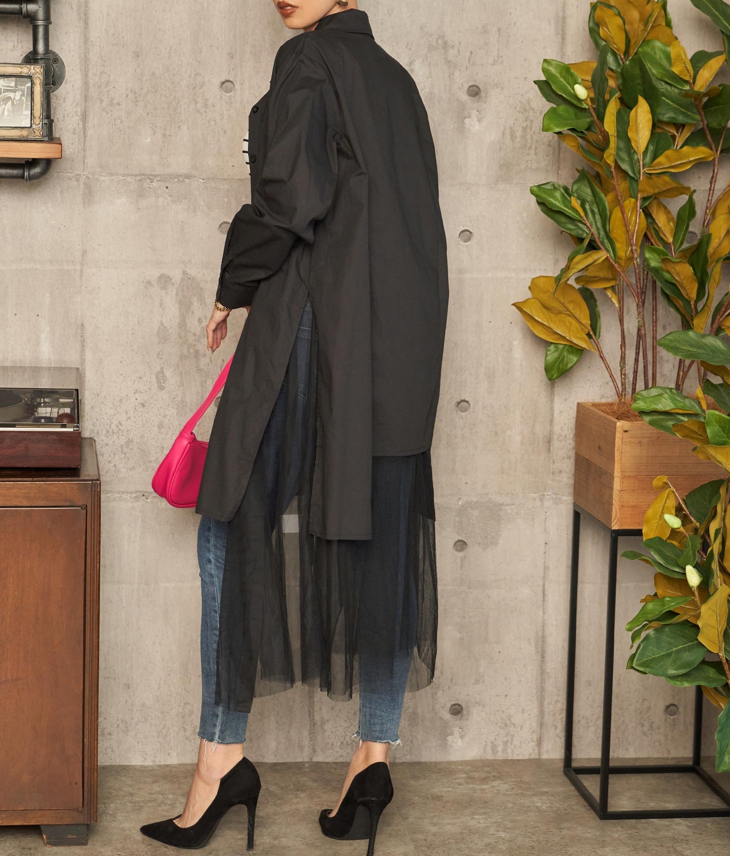 レイヤード風 チュール ヘム ロングシャツ 404-8298