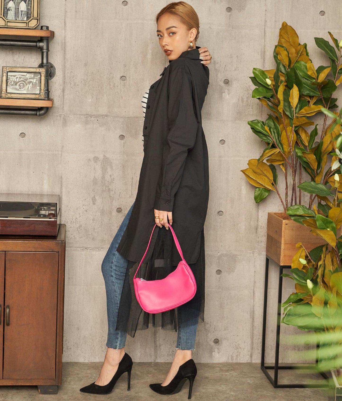 レイヤード風 チュール ヘム ロングシャツ 404-8298