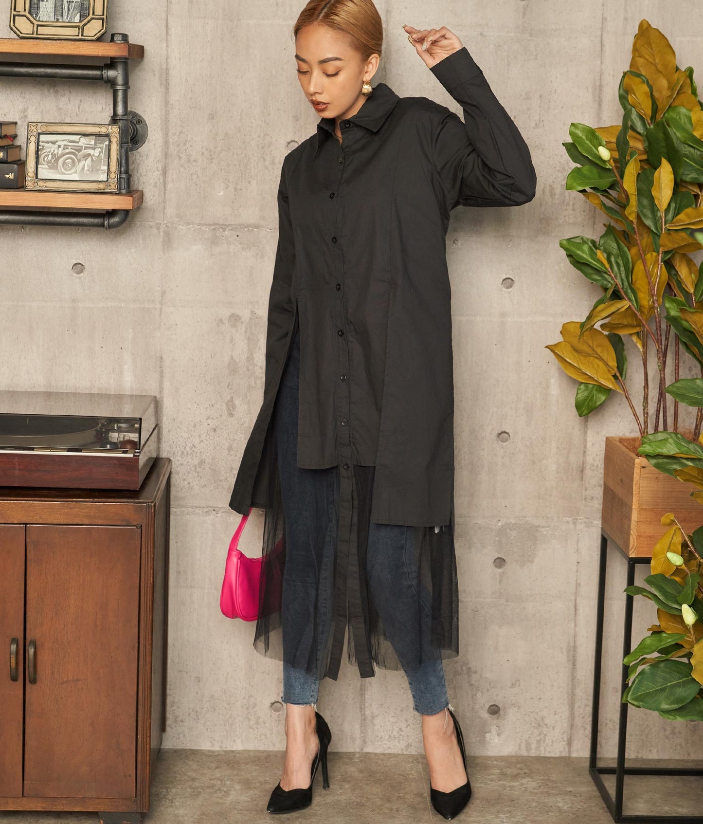 レイヤード風 チュール ヘム ロングシャツ 404-8298