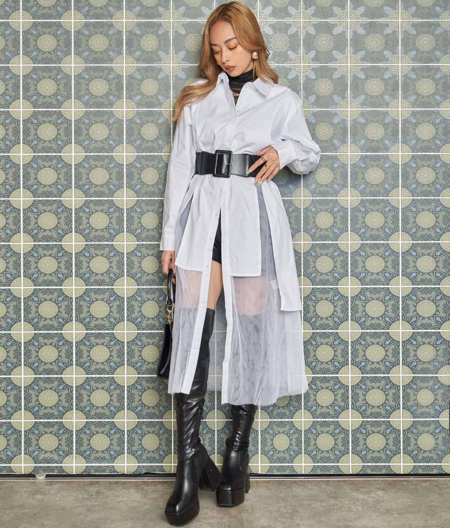 レイヤード風 チュール ヘム ロングシャツ 404-8298