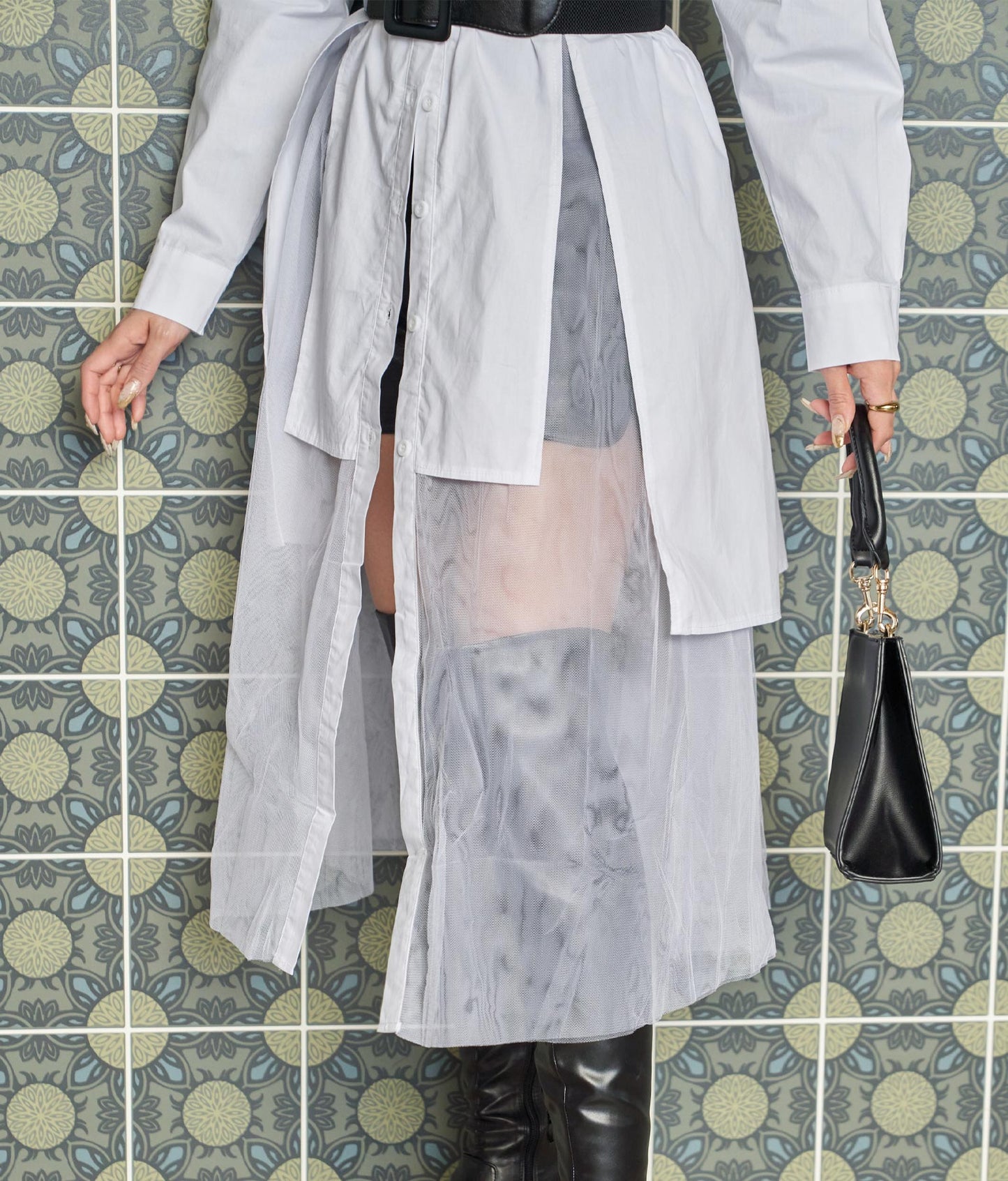 レイヤード風 チュール ヘム ロングシャツ 404-8298