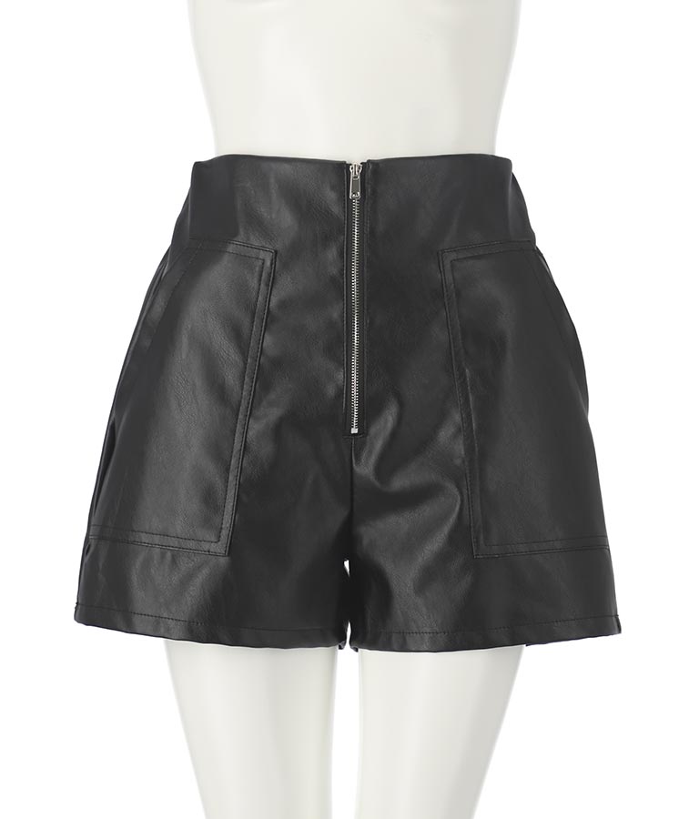 ジップデザインフェイクレザーハイウエストショートパンツ 152-5439