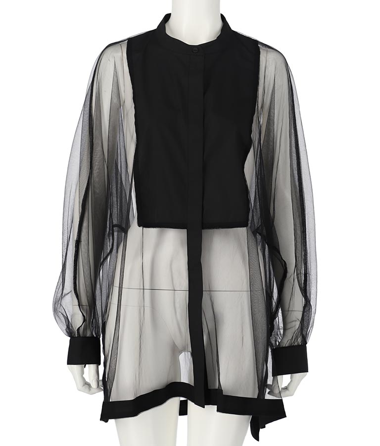 ノーカラー チュールレース シアーシャツ ロングシャツ 長袖シャツ 363-9266