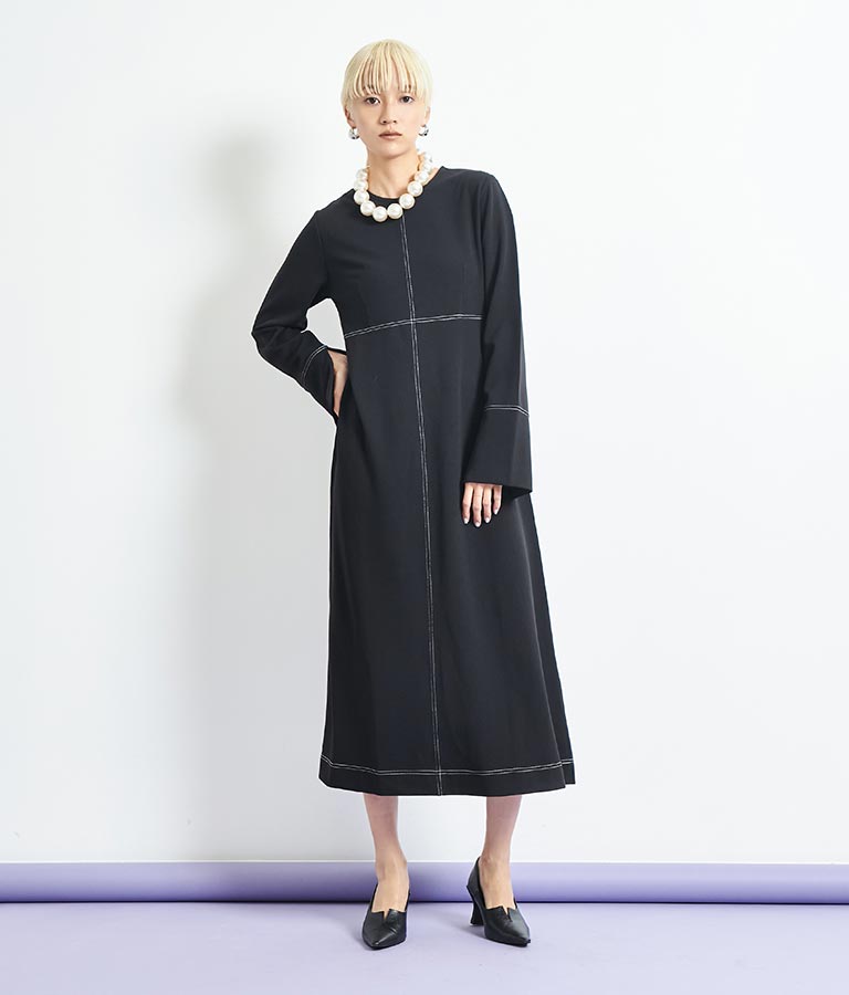 配色ステッチ マキシ丈 ワンピース クルーネック 長袖 367-9254