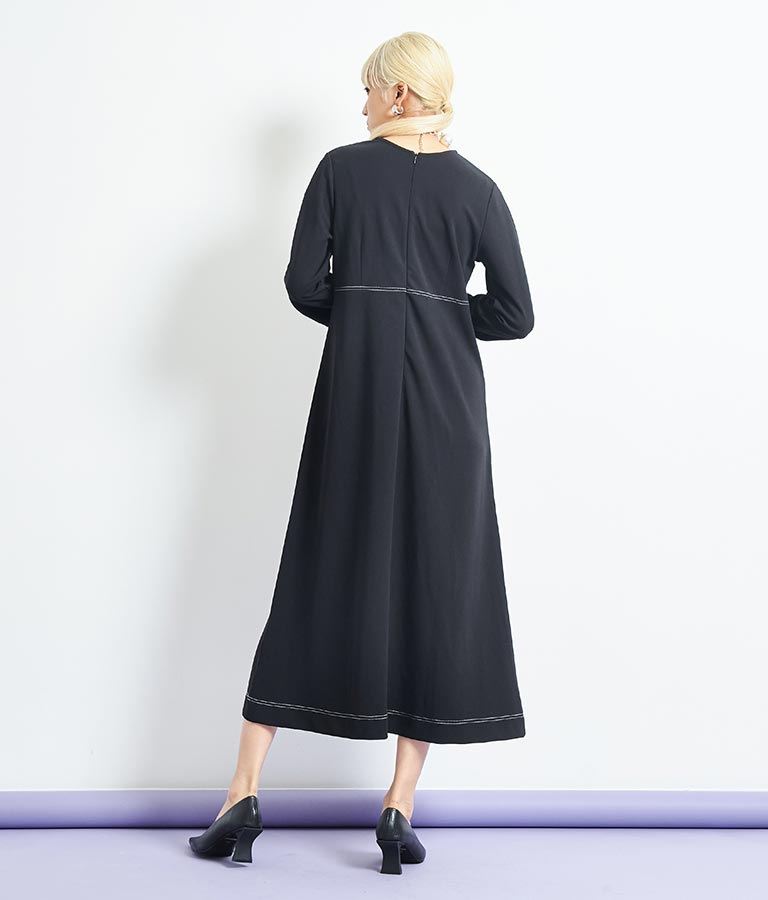 配色ステッチ マキシ丈 ワンピース クルーネック 長袖 367-9254