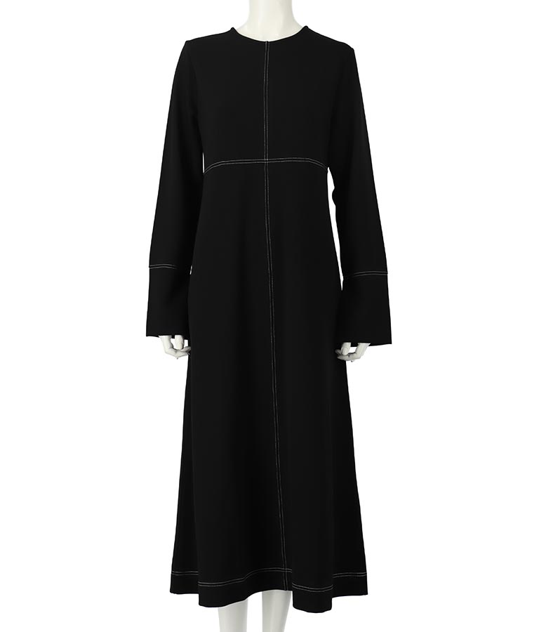 配色ステッチ マキシ丈 ワンピース クルーネック 長袖 367-9254