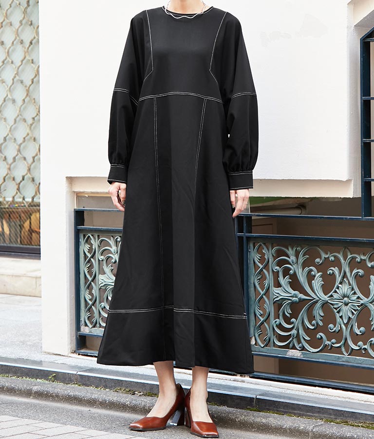 バイカラーステッチ ボリュームスリーブ ツイルワンピース 長袖 367-9295