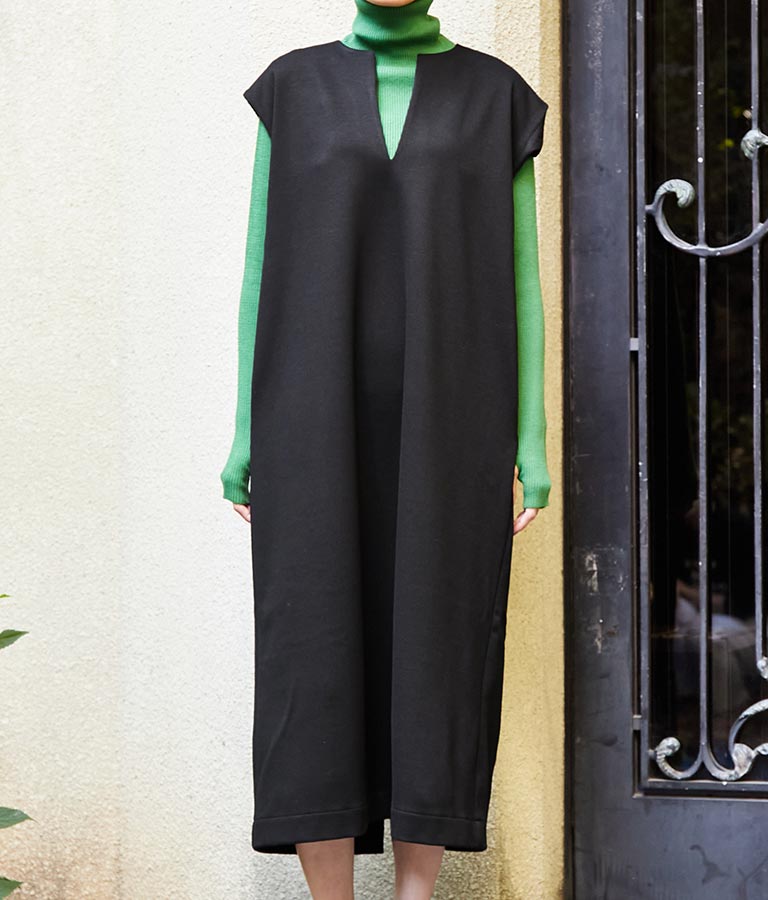 ウールライク キーネック バックスリット ワンピース ロング 367-9294