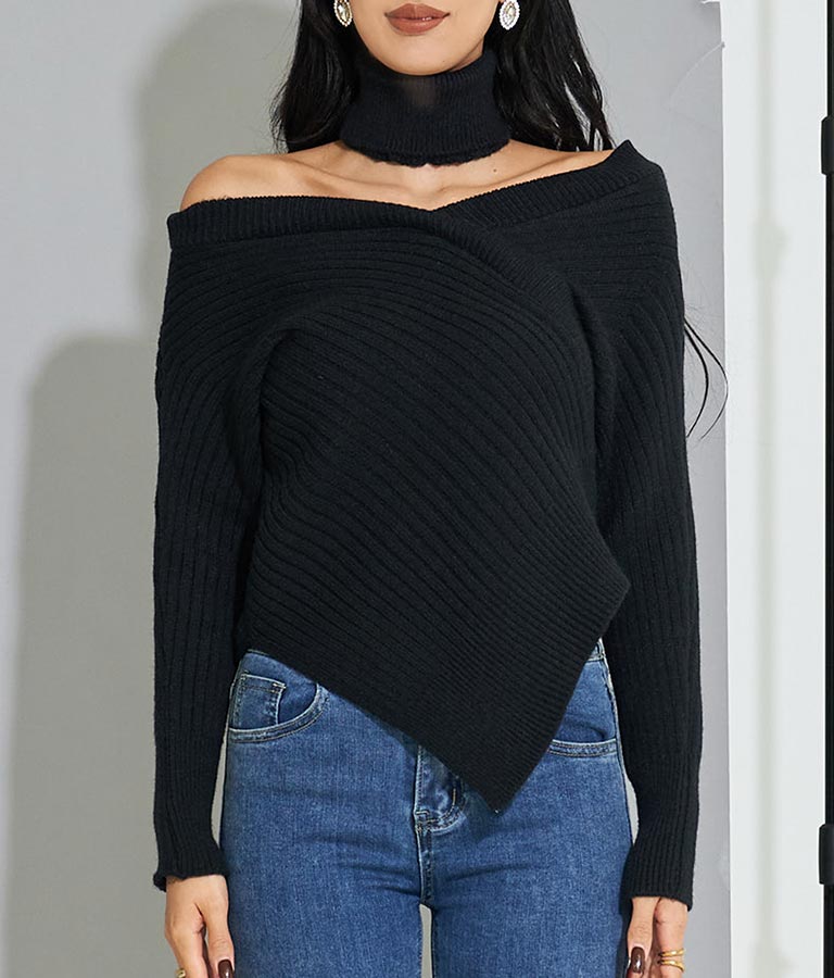 カシュクールアシンメトリー Vネック チョーカー付 セーター ニット 長袖 403-8469