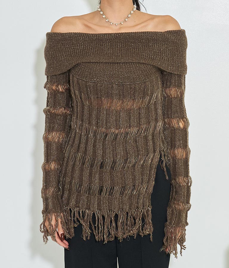 フリンジ ダメージ オフショルダー 肩開き ラメ ニット セーター 長袖 403-8524