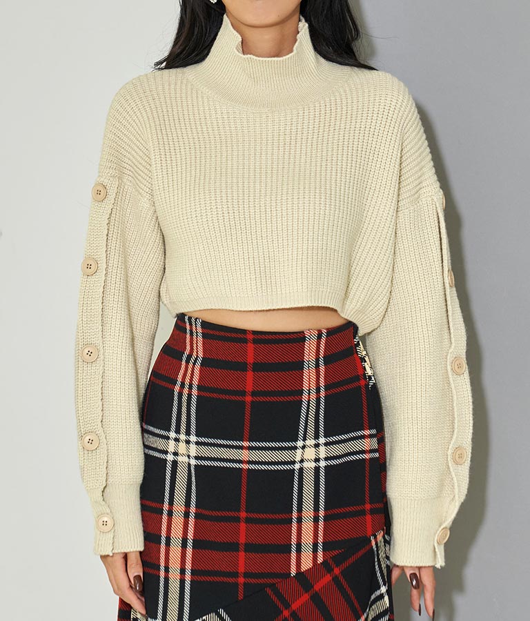 袖ボタン クロップド ニット セーター ハイネック スタンドカラー 長袖 403-8518