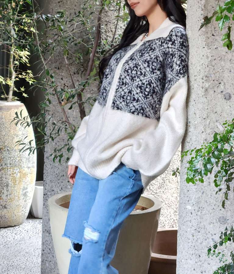 オリエンタル柄 モヘアニット カーディガン ブルゾン 長袖 495-2613