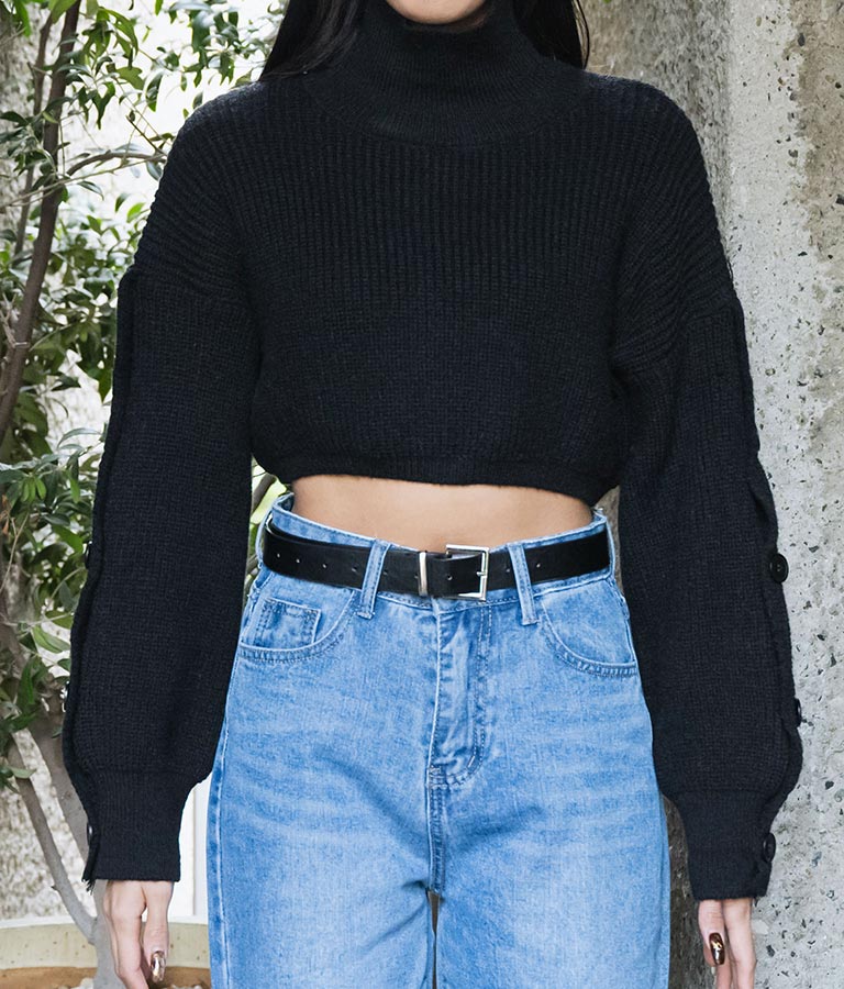 袖ボタン クロップド ニット セーター ハイネック スタンドカラー 長袖 403-8518