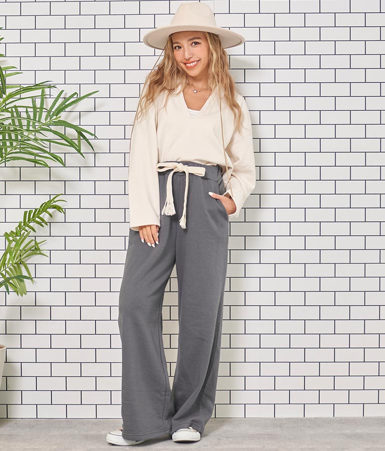 フリンジベルト 裏毛 スウェット リラックス ワイド パンツ 852-5821