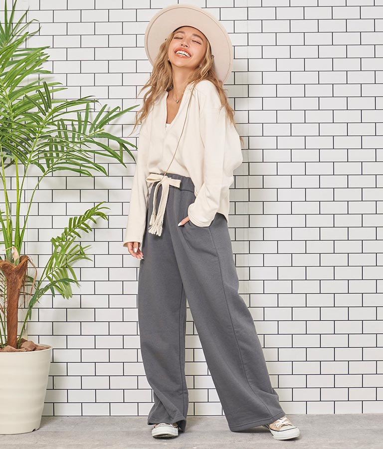 フリンジベルト 裏毛 スウェット リラックス ワイド パンツ 852-5821